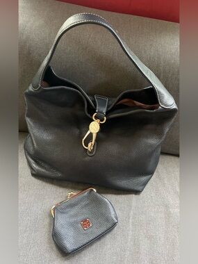 Dooney & Bourke Black Leather Set Logo Lock Hobo Shoulder Bag & Matching Wallet